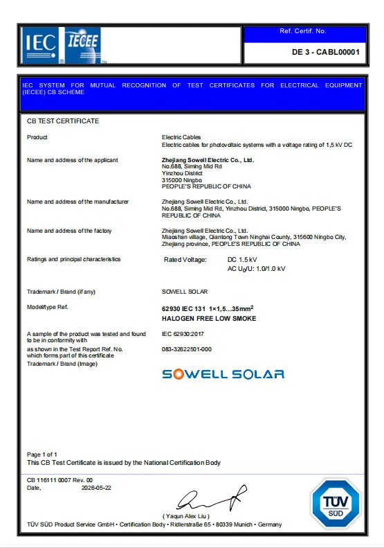Photovoltaikkabel von SOWELLSOLAR erhalten die TÜV SÜD IECEE-CB-Zertifizierungsanerkennung